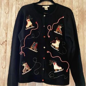 Cambridge Dry Good vintage ice skates cardigan jingle bells winter Large black